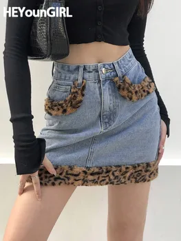 HEYounGIRL Segast Karvased Leopard Kõrge Vöökoht Teksad Seelikud Naiste Vabaaja Mood Pokcet Mini Seelik Daamid Harajuku Streetwear