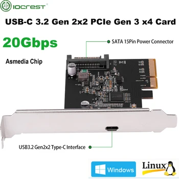 IOCREST 20Gbps USB-C 3.2 Gen 2x2 PCI-e Gen 3 x4 Tüüp-c Expansion Card ASMedia ASM3242 Kiibistik koos SATA 15 Pin Power
