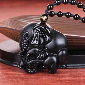 Käsitöö Om Helmed Keti Naturaalne Must Obsidian Nikerdatud Ema Baby Armas Elevant Amulett Õnnelik Ripats Kaelakee