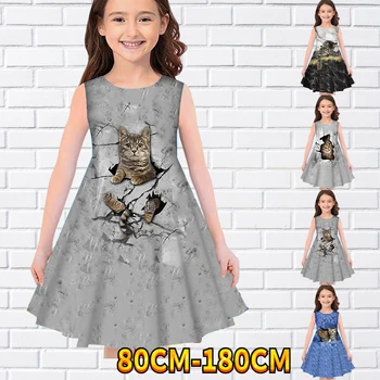 Lapsed Väikesed Tüdrukud Varrukateta Kleit Tüdrukud Dress 3D-Lapsed, Kass Prindi Igapäevane Casual Armas Magus Üle Põlve Varrukateta Kleit 80-180CM