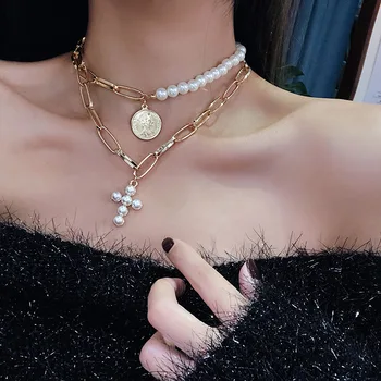Luksuslik Disain Pärlite Choker Kaelakee Naine Rist Ripats Kaelakeed Naistele Kulla Värvi 2019 Mood Mündi Ehted