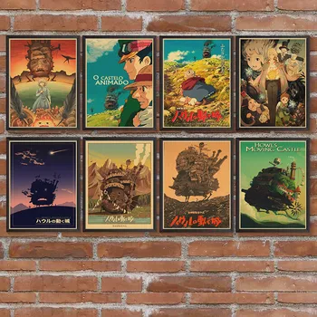 Miyazaki Hayao carrrtoon filmi Ulute Lossi Vintage Plakat Kohvik Baarid Köök Decor Jõupaber Plakatid Retro Seina Kleebised