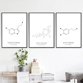 Oksütotsiin & Dopamiini Line Drawing Plakat Molekuli Serotoniini Seina Art Lõuend Maali Keemia Teadus Pilt Ilma Raamita
