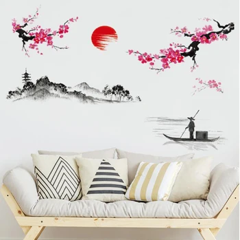 Ploomi sunrise maastiku hiina stiilis kunst seina kleebised elutuba, Magamistuba taust kodu kaunistamiseks Seinamaaling Kleebised tapeet