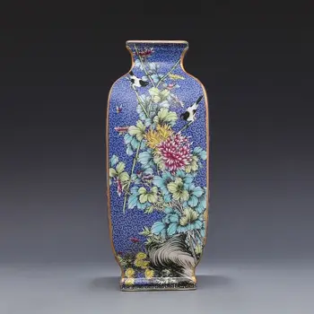 Qing Dünastia Qianlong aasta märk emailiga lillede ja lindude ruudu suur vaas antiik portselan vana portselan kogumine