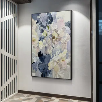 Sinine Lilled Käes õlimaal Seina Art with Frame Lõuend Print Põhjamaade Plakat Pildid Kaasaegne Abstraktse Taime Pilt Home Decor