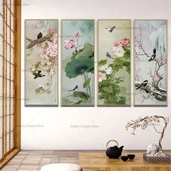 Traditsiooniline Hiina Four Seasons Maastik Plakatid Peach Blossom Lotus Ploomi Lõuendile Maali Prindi Seina Pilte Põhjamaade Home Decor