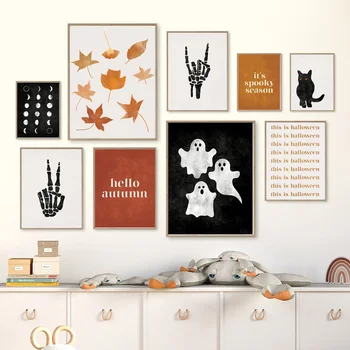 Tume Halloween Must Kass Vaimu Skelett Sügisel Seina Art Lõuend Maali Nordic Plakatid Ja Pildid Seina Pilte Kids Room Decor