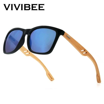 VIVIBEE Bambusest Päikeseprillid Meestele Square Stiilis Sinine Peegel Objektiiv päikeseprillid Naistele 2021 Retro UV400 Mees, Prillid