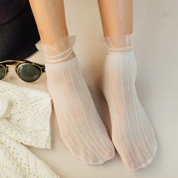 Velvet Naine Sokid Ultra-õhuke Läbipaistev Pits Satsiline Ruffle Sokid Naiste Mood Suvel Japane Harajuku Stiilis Retro Pikad Sokid