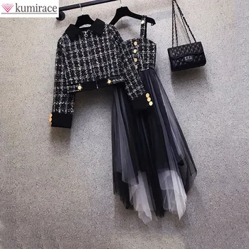 2022 Talve Uus korea Fashion Elegantne Naiste Kleit Komplekt Ruuduline Pikk Varrukas Kampsun Top Plisseeritud Pits Kleit, Kahe-osaline Komplekt