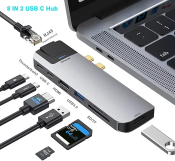 8 1 Liik-C-Hub Gigabit RJ45) HDMI Adapter 4K Thunderbolt-3 USB-C-Hub USB 3.1 TF SD Lugeja Pesa MAKSEVIIVITUSE MacBook Pro/Air