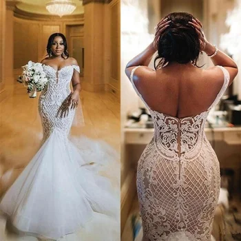 Aafrika luksuslik pulm kleit fishtail kulunud brides Merineitsi Trompet Pulm Kleidid 2022