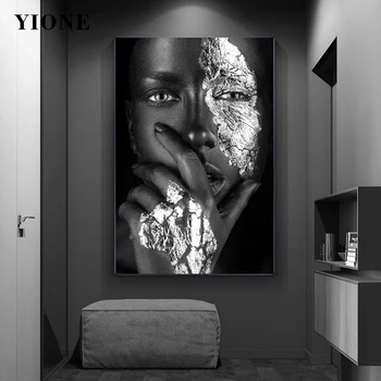 Must Naine Hõbe Foolium Lõuend Kunsti Plakat Kaasaegne Aafrika Naiste Maalid Elavad Magamistoa Seina Kaunistamiseks Pilte Prindi