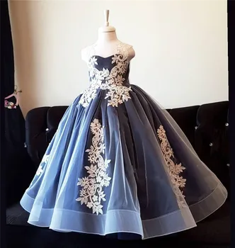 Navy Blue Flower Girl Kleit Pulm Pits V kaelus Väike Printsess Pulmapidu Kleit Lapsed Lapse Sünnipäeva Kleit