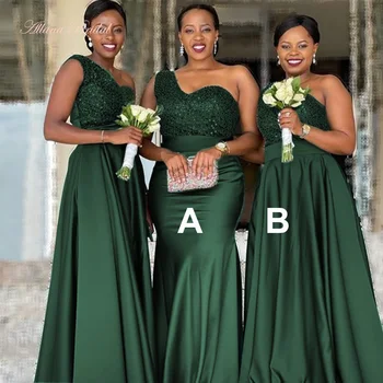 Tume Roheline peep varba kingad Pruutneitsi Kleidid Naistele 2022 Ühe Õla Emerald Roheline Satiin Pikk riietumisstiil jaoks Pulmapidu